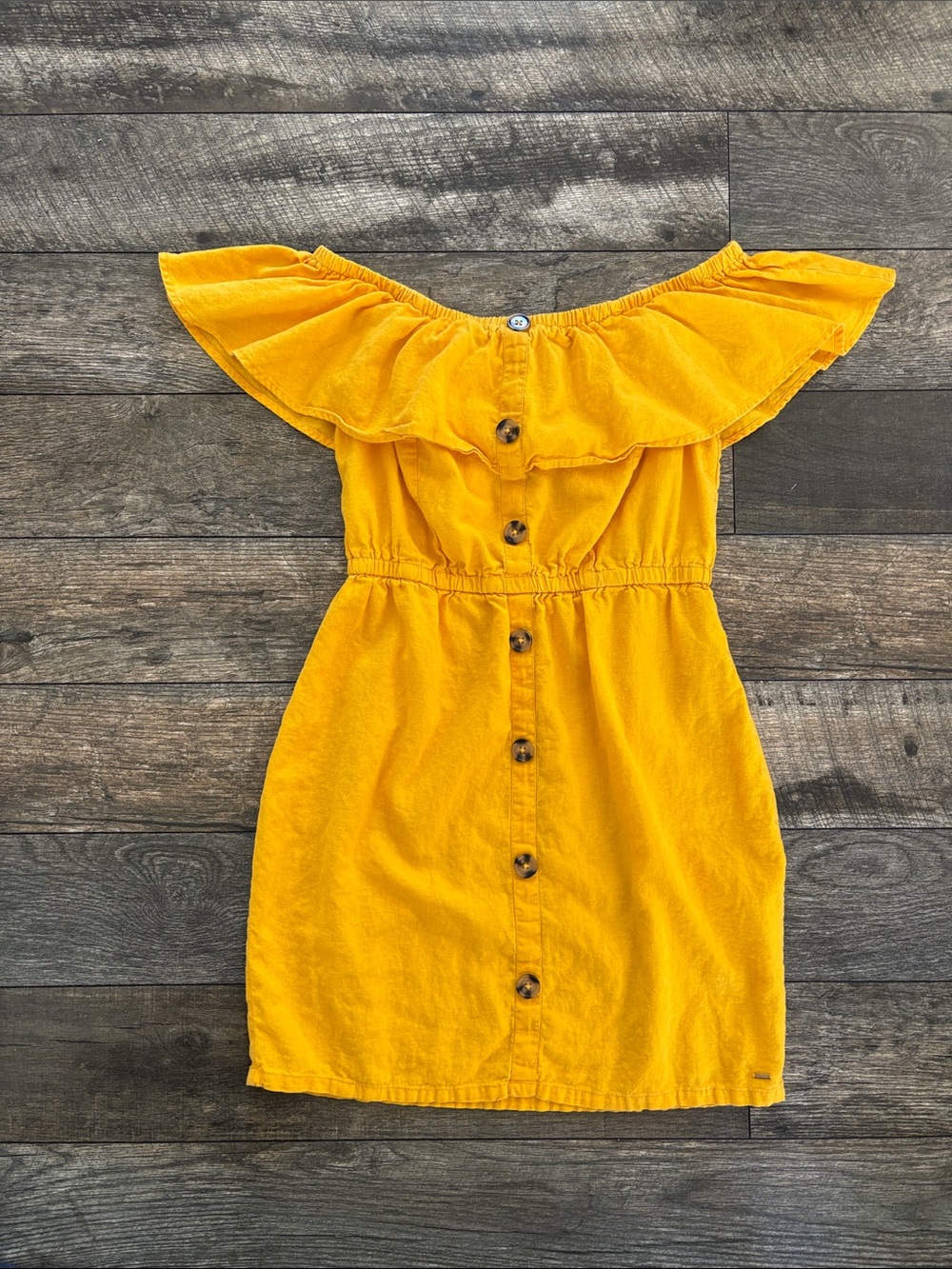 Guess Bright Yellow Off-Shoulder Button Dress